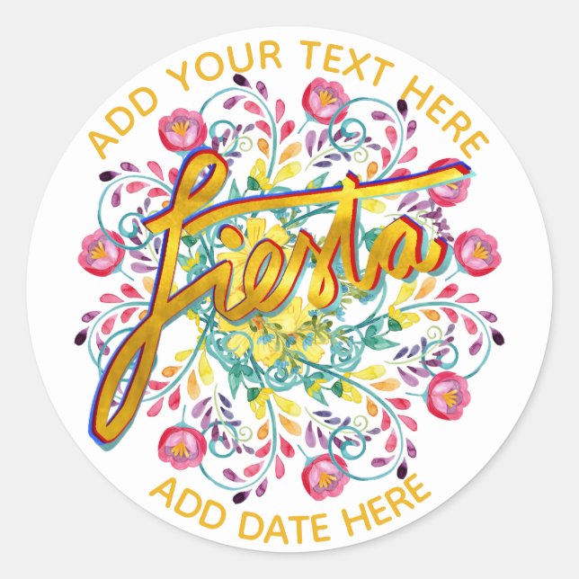 Mexican Fiesta Folk Flowers Personalized White Classic Round Sticker (Front)