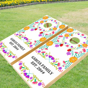 Mexican Fiesta Folk Flowers White Personalized Cornhole Set