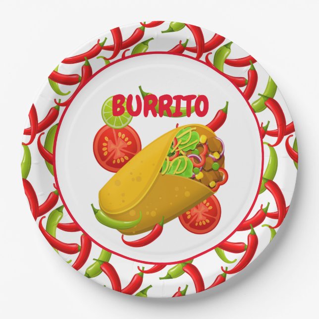 Mexican Fiesta Food Burrito Party Paper Plate (Front)