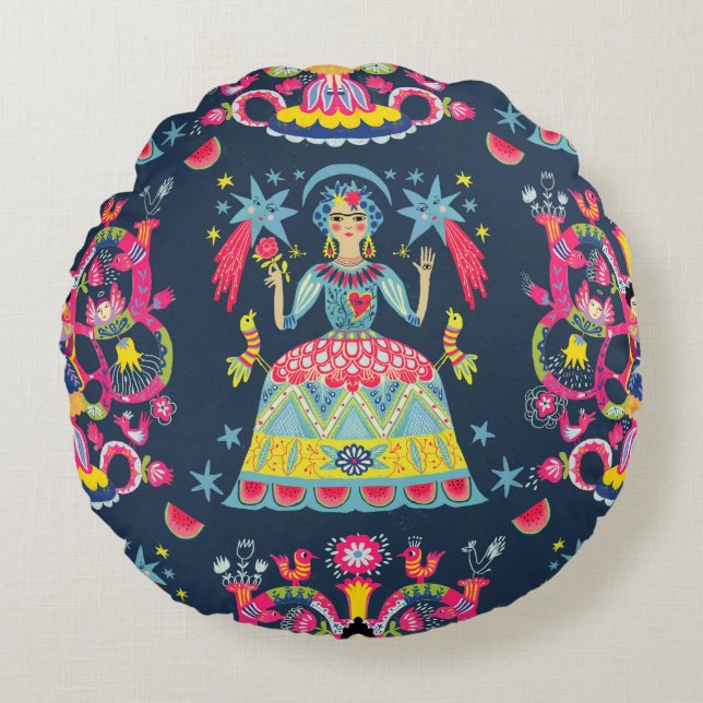 Mexican Fiesta Frida Round Pillow (Front)