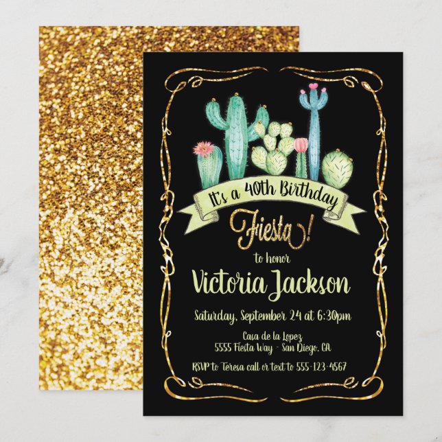 Mexican Fiesta gold glitter birthday invitation (Front/Back)