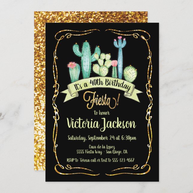 Mexican Fiesta gold glitter birthday invitation (Front/Back)