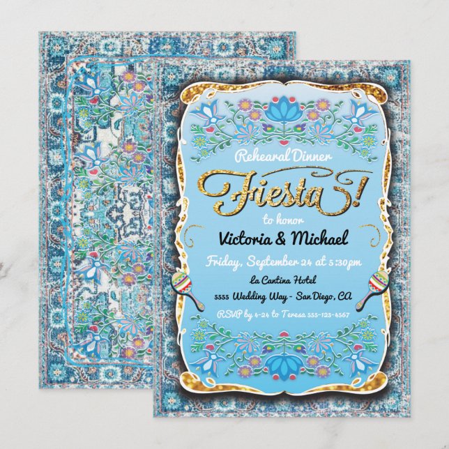 Mexican Fiesta Gold Glitter Rehearsal Dinner Invitation (Front/Back)