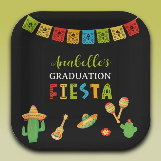 Mexican Fiesta Graduation Party Black Paper Plates (Creator Uploaded)