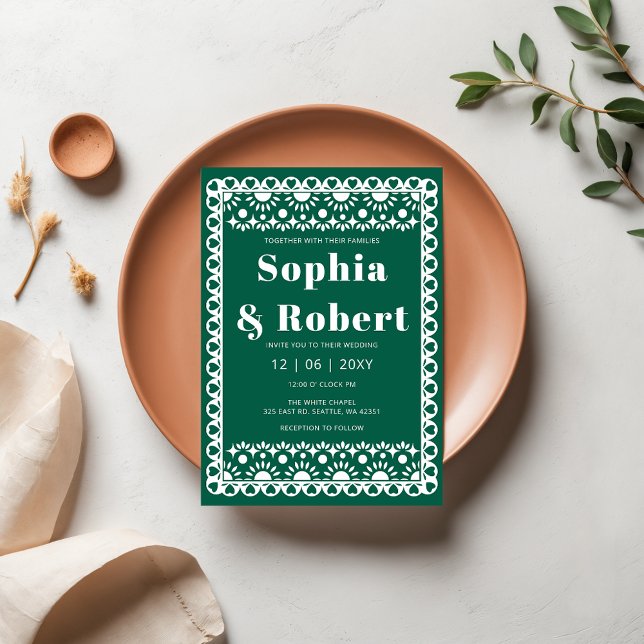 Mexican Fiesta Green Papel Picado Boho Wedding Invitation (Mexican Fiesta Green Papel Picado Boho Wedding Invitation)