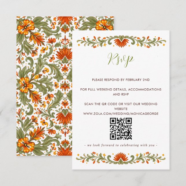 Mexican Fiesta Green Talavera  QR CODE RSVP Card (Front/Back)