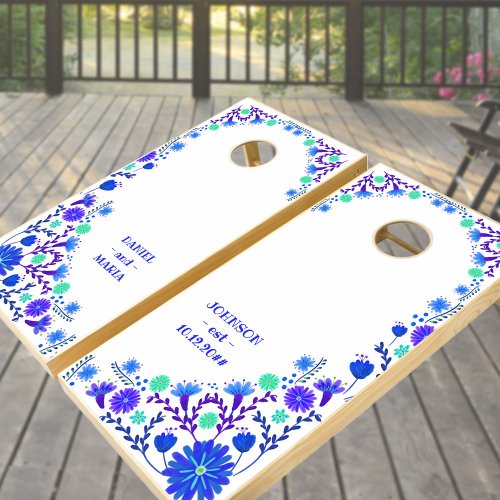 Mexican Fiesta Heart Shaped Blue Folk Flowers Cornhole Set