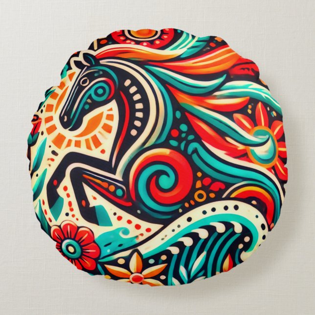 Mexican fiesta horse round pillow (Front)