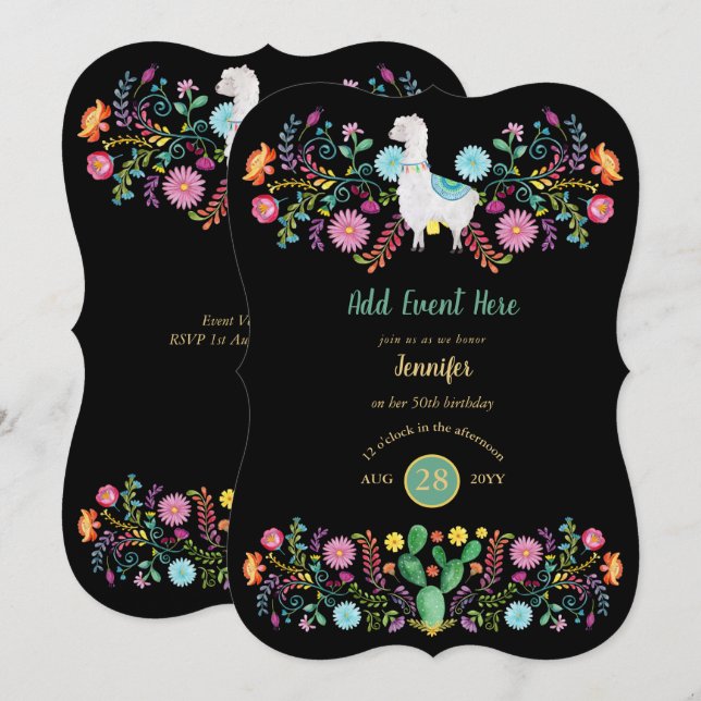 Mexican Fiesta Llama Folk Flowers Cacti ANY EVENT Invitation (Front/Back)
