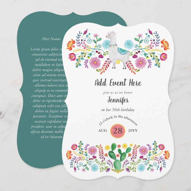 Mexican Fiesta Llama Folk Flowers Cacti ANY EVENT  Invitation (Front/Back)