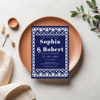 Mexican Fiesta Navy Papel Picado Boho Wedding Invitation