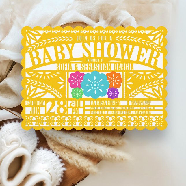 Mexican Fiesta Papel Picado Flag GOLD Baby Shower Invitation (Festive bright colorful yellow gold Mexican fiesta Papel Picado gender neutral baby shower invite)