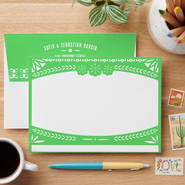 Mexican Fiesta Papel Picado Flag GREEN Invitation Envelope (Desk)