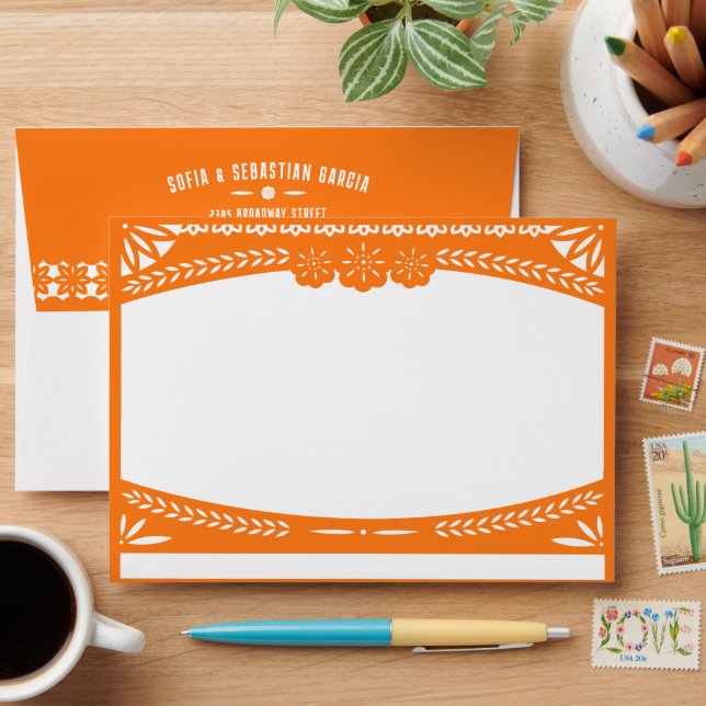 Mexican Fiesta Papel Picado Flag ORANGE Invitation Envelope (Desk)