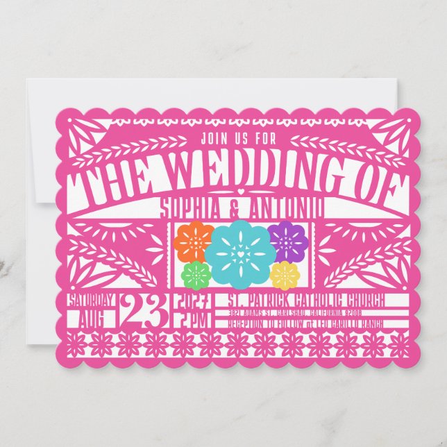 Mexican Fiesta Papel Picado Flag PINK Wedding Invitation (Front)