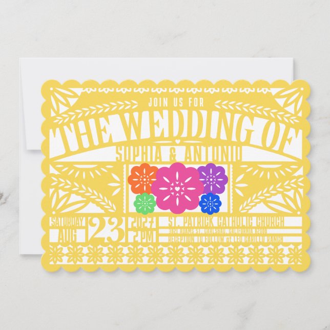 Mexican Fiesta Papel Picado Flag YELLOW Wedding Invitation (Front)