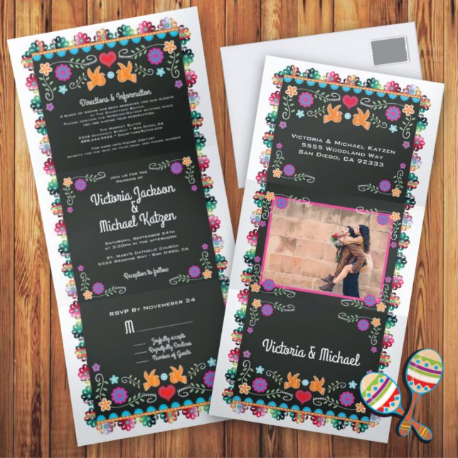 Mexican Fiesta Papel Picado Wedding Tri-Fold Invitation