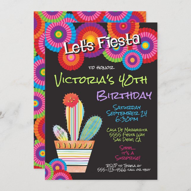 Mexican Fiesta Paper Flowers cactus invitations (Front/Back)