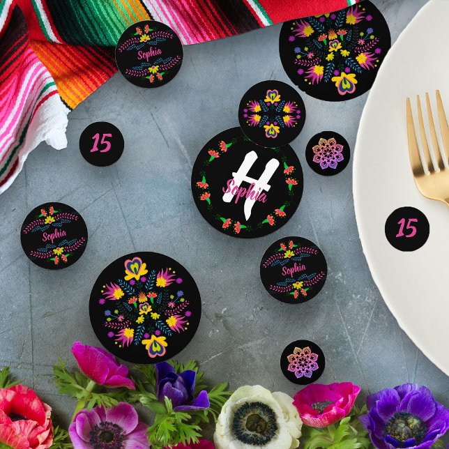 Mexican Fiesta Party Black Floral Personalized Confetti (Table Confetti from my Mexican Fiesta Party Quinceanera Collection 
)