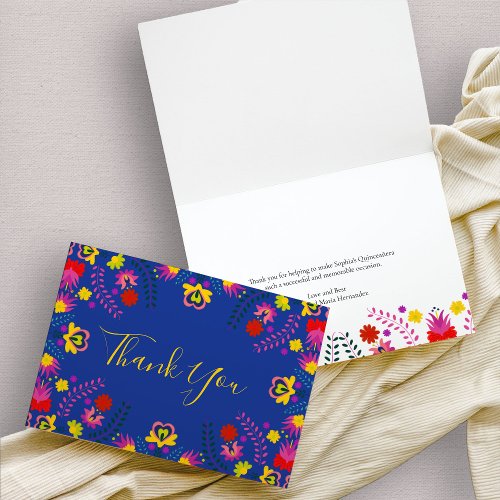 Mexican Fiesta Party Floral Blue Thank You Card