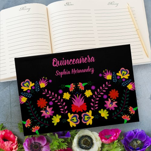 Mexican Fiesta Party Floral Quinceanera Black Guest Book