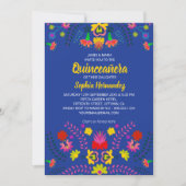 Mexican Fiesta Party Flowers Blue Quinceanera Invitation (Front)
