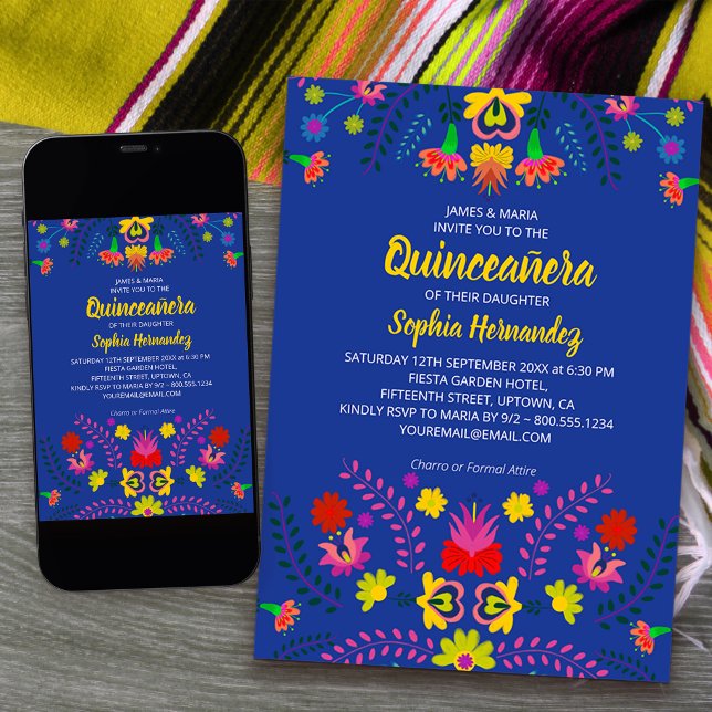 Mexican Fiesta Party Flowers Blue Quinceanera Invitation