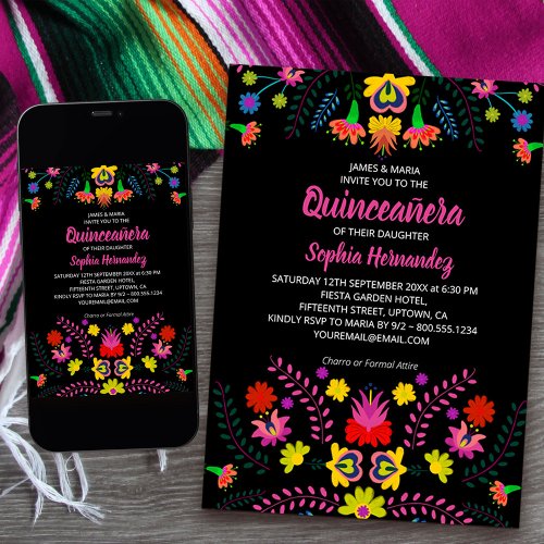 Mexican Fiesta Party Folk Art Flowers Quinceanera Invitation
