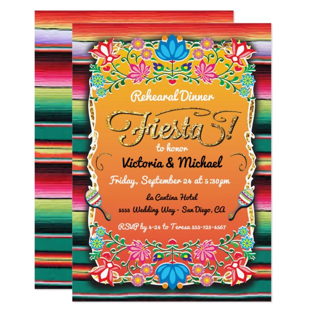 Mexican Fiesta Party Gold Glitter Rehearsal Dinner Invitation