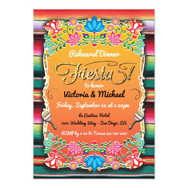 Mexican Fiesta Party Gold Glitter Rehearsal Dinner Invitation