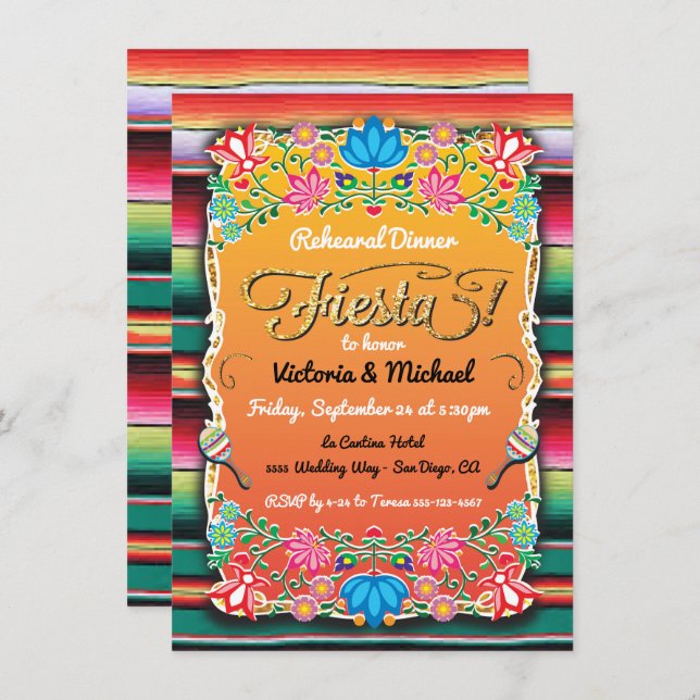Mexican Fiesta Party Gold Glitter Rehearsal Dinner Invitation (Front/Back)