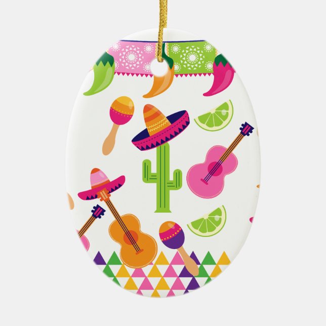 Mexican Fiesta Party Sombrero Saguaro Lime Peppers Ceramic Ornament (Front)