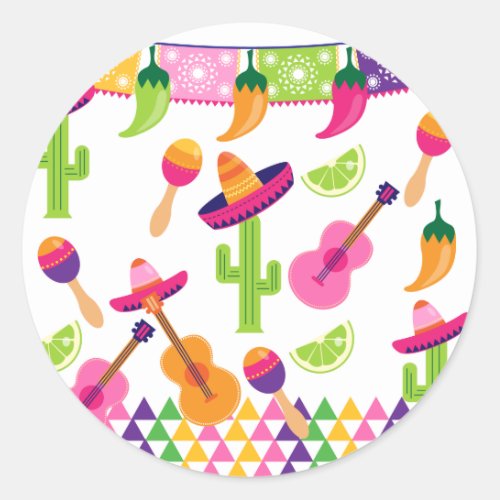 Mexican Fiesta Party Sombrero Saguaro Lime Peppers Classic Round Sticker