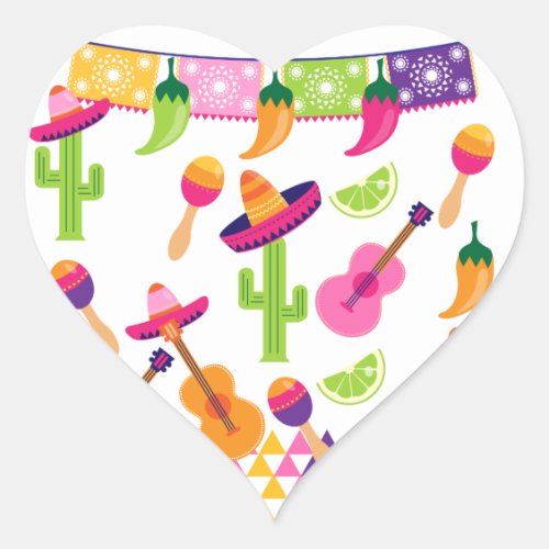 Mexican Fiesta Party Sombrero Saguaro Lime Peppers Heart Sticker