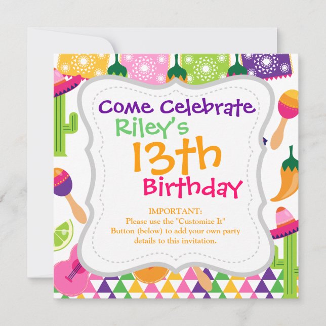 Mexican Fiesta Party Sombrero Saguaro Lime Peppers Invitation (Front)