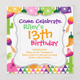 Mexican Fiesta Party Sombrero Saguaro Lime Peppers Invitation