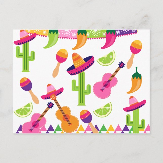 Mexican Fiesta Party Sombrero Saguaro Lime Peppers Invitation Postcard (Front)