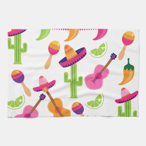 Mexican Fiesta Party Sombrero Saguaro Lime Peppers Kitchen Towel