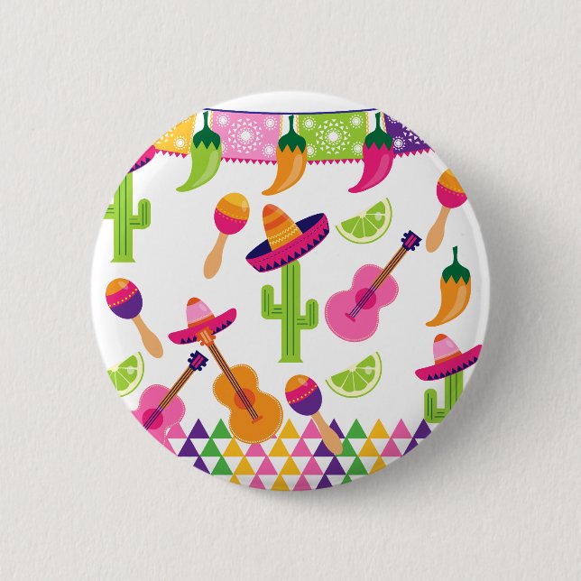 Mexican Fiesta Party Sombrero Saguaro Lime Peppers Pinback Button (Front)