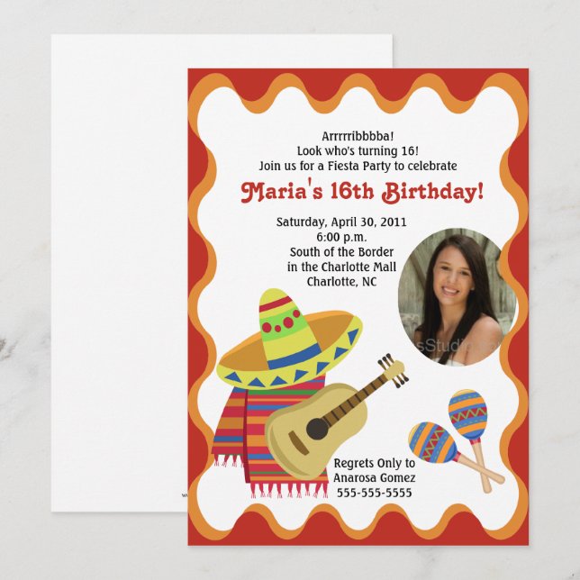 MEXICAN FIESTA PHOTO BIRTHDAY INVITATIONS (Front/Back)