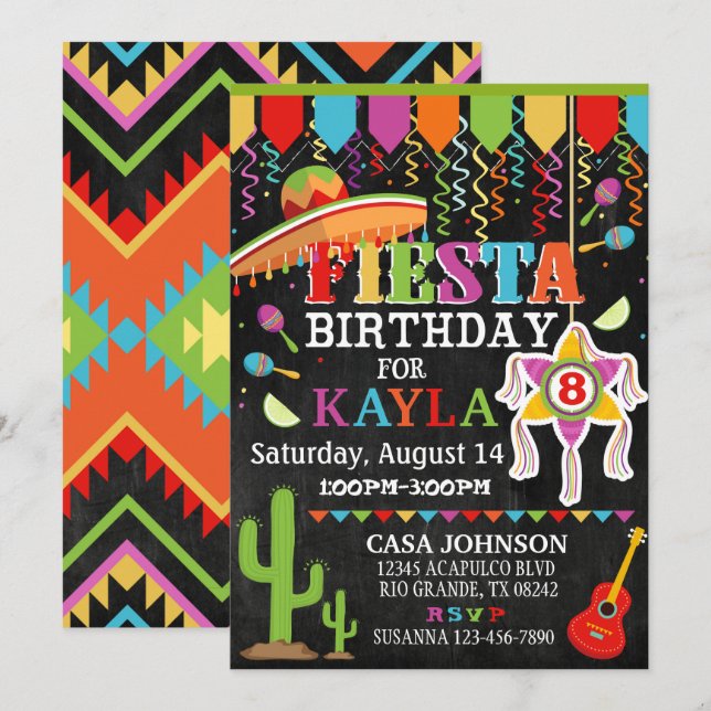 Mexican Fiesta Pinata Party Bright Colors Birthday Invitation (Front/Back)
