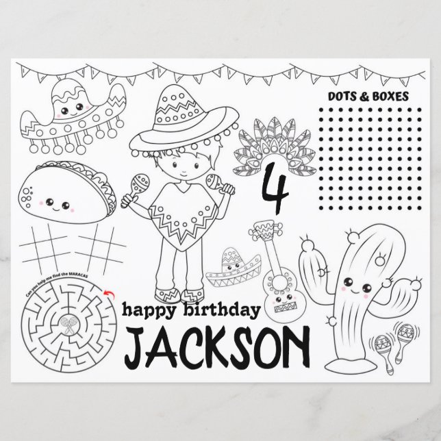 Mexican fiesta placemats, Fiesta birthday games (Front)