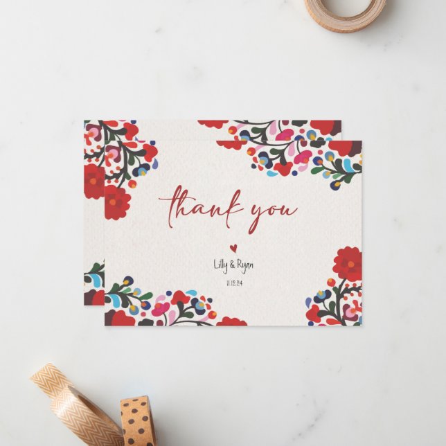 Mexican Fiesta Red Bridal Thank You Note Card (Front/Back In Situ)