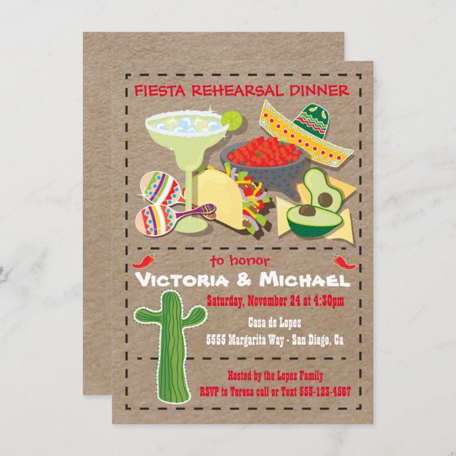 Mexican Fiesta Rehearsal Dinner Kraft Invitation (Front/Back)