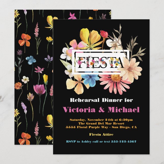 Mexican Fiesta Rehearsal Dinner Pressed Flowers Invitation (Front/Back)