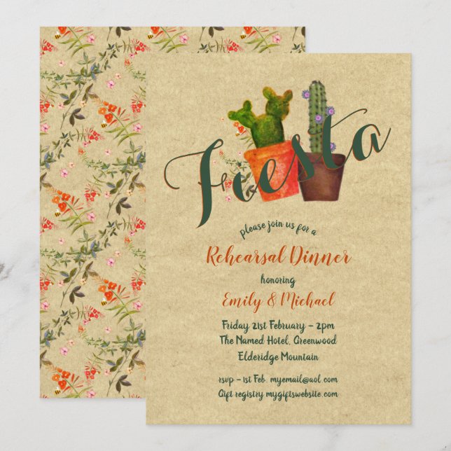 Mexican Fiesta Rehearsal Dinner Rustic Cacti Invitation (Front/Back)