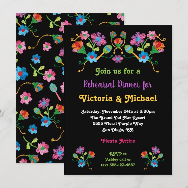 Mexican Fiesta Rehearsal Dinner with embroidery In Invitation (Front/Back)