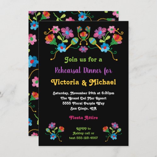 Mexican Fiesta Rehearsal Dinner with embroidery In Invitation