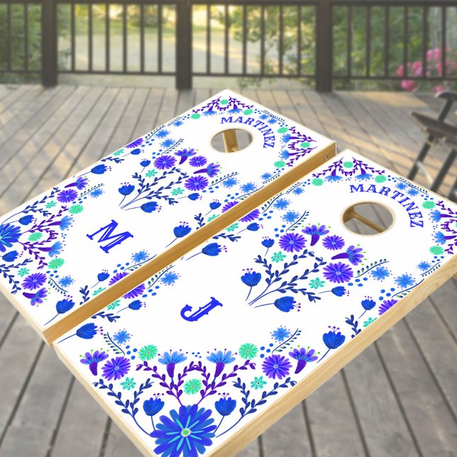Mexican Fiesta Royal Blue Folk Flowers Monogrammed Cornhole Set (Creator Uploaded)