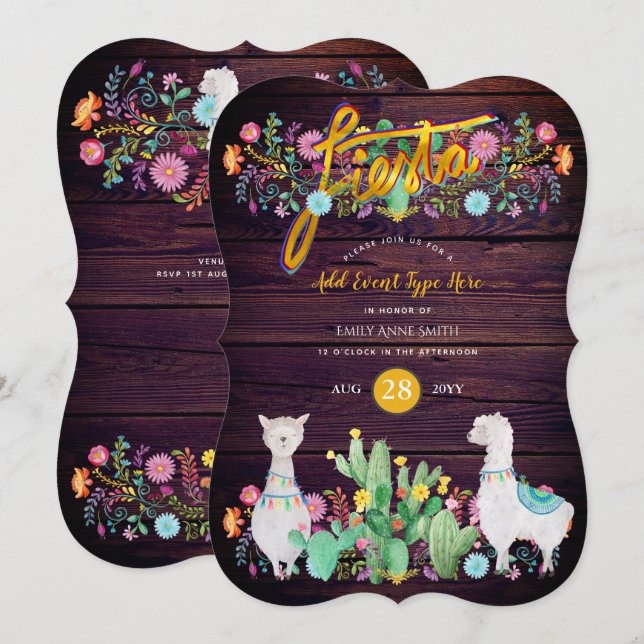 Mexican Fiesta Rustic Folk Flowers Llama ANY EVENT Invitation (Front/Back)